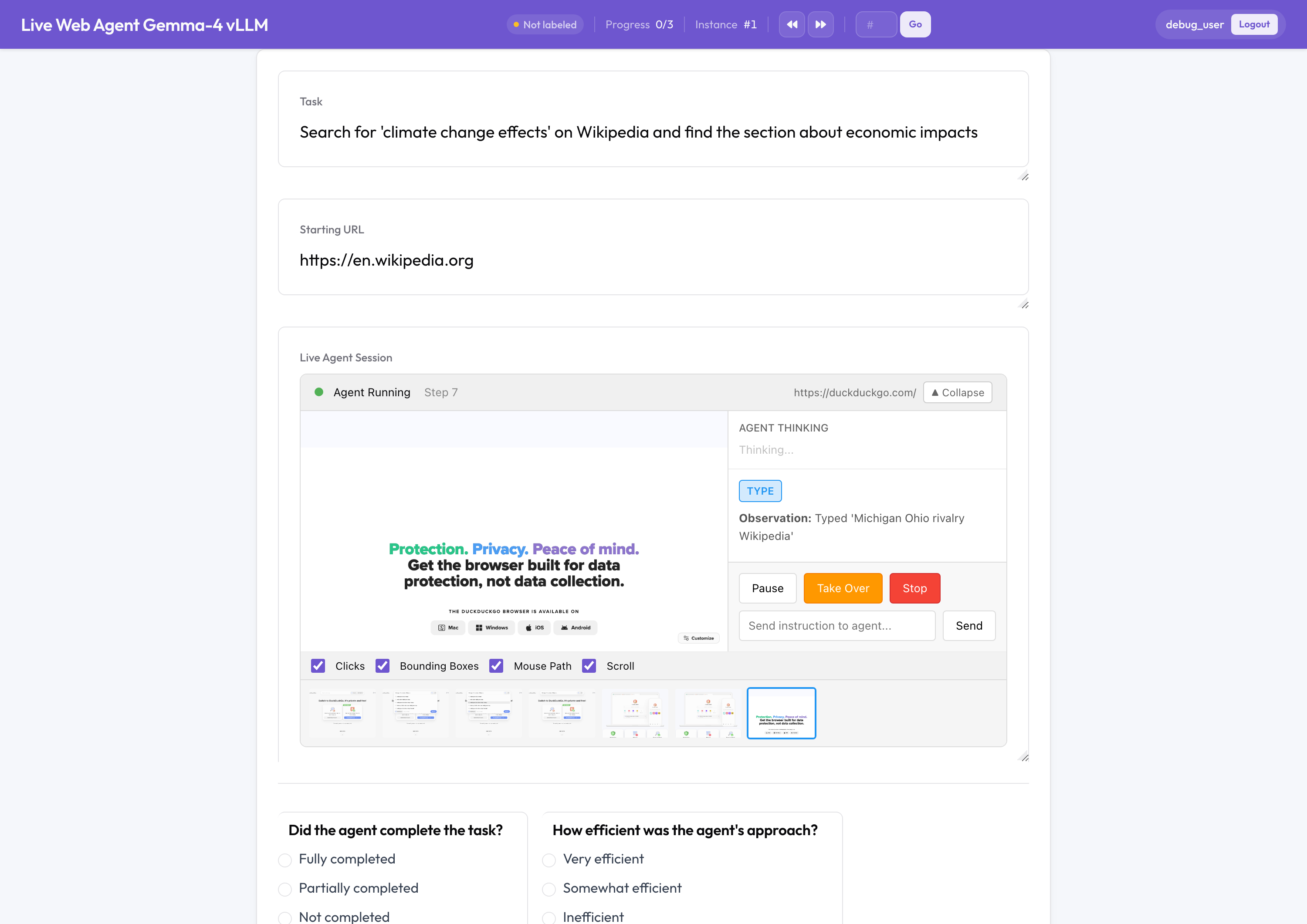 Annotating a web-browsing agent with Potato 2.0: each step's rendered screenshot is overlaid with SVG cues for clicks, hovers, and bounding boxes; an annotation form is attached to the active step in a filmstrip review.